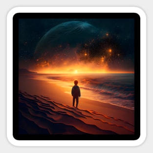 A young man standing on the beach enjoying the sunset Sticker